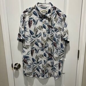 Seapointe Mens Short Sleeve Button Down Tropical Leaf Print White Size Large